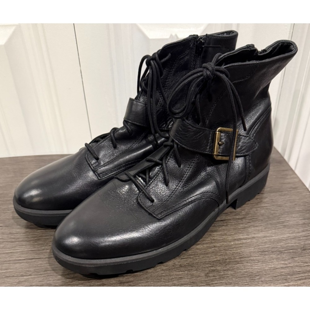 Vionic Catina Black Leather Lace Up Ankle Boots Women's Size 11 M Buckle Lug Sol